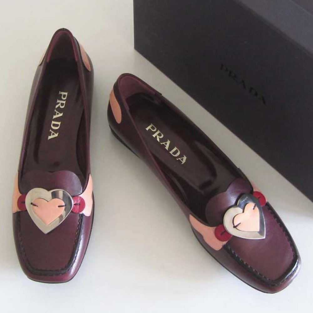 new PRADA burgundy Heart Detail square toe flats 36.5 / 6.5 US - Picture 3 of 9